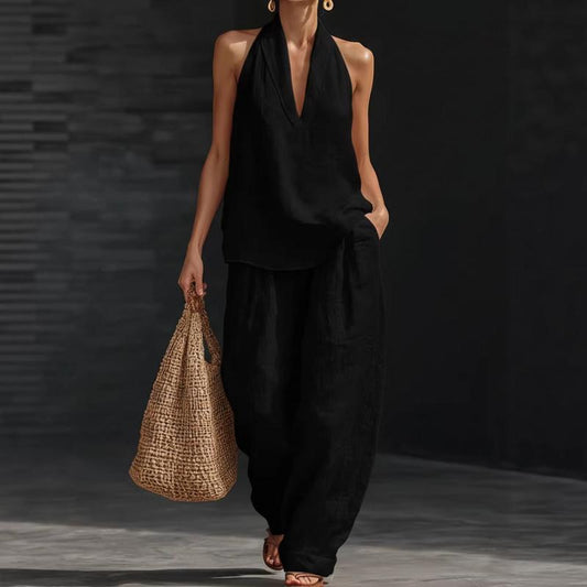 Boho Linen Two Piece Set - Perfect for Beach, Vacation & Brunch! Halter Neck Sleeveless Top Wide Leg Pants Set